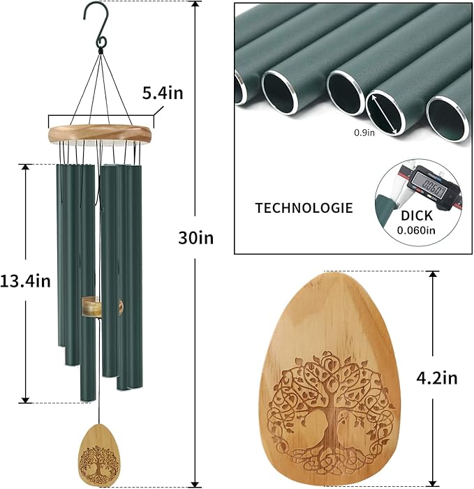 Astarin Windchimes Outdoors with Engraved Lifetree，30 Inch Memorial Wind Chime for Outside，Sympathy Wind Chime for Loved One,Outdoor Wind Chimes for Mother,Green Wind Chimes.