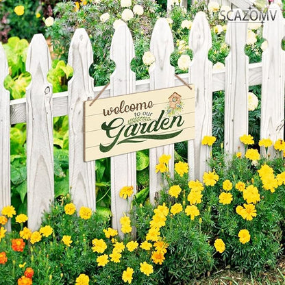 SCAZOMV Garden Sign Decor, Welcome To Our Garden, Funny Outdoor Decorative For Garden Backyard Patio Farmhouse, Potting Shed She Shed Personalized Wooden Hanging Plaque 5"X 10"