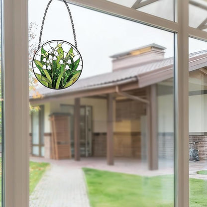 Stained Glass Window Hanging, Lily of the Valley Flower Sun Catcher Glass Panel Green and White Suncatcher Decor for Birthday, Women, Men, Wife, Aunt, Lovers, Home Garden 7.8 in