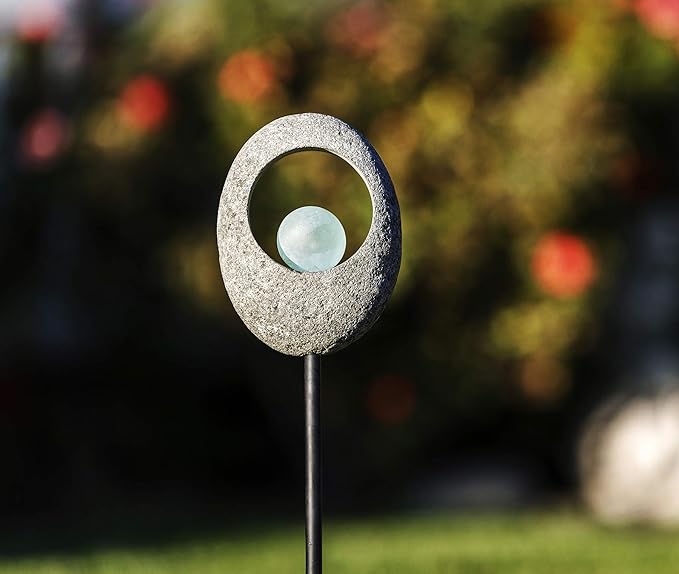 Handmade Natural Moon Stone Garden Stake with Glass Ball, Unique Outdoor Accent for Garden, Patio, Backyard, etc