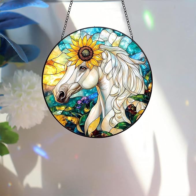 Bimkole Horse Stained Glass Suncatcher Window Hanging - Animals Indoor Window or Doorway Decoration - Handmade Sun Catcher Decor for Garden Home Christmas & Birthday Gifts 7.87x7.87 in