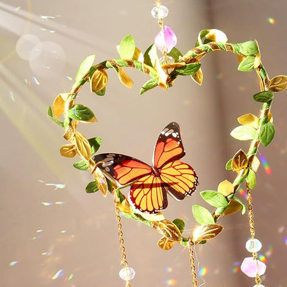 Heart Suncatchers Window Hanging, Colorful Crystal Suncatcher with Butterfly, Crystals Light Catcher with Prisms for Indoor Outdoor Home Garden Wedding Decor