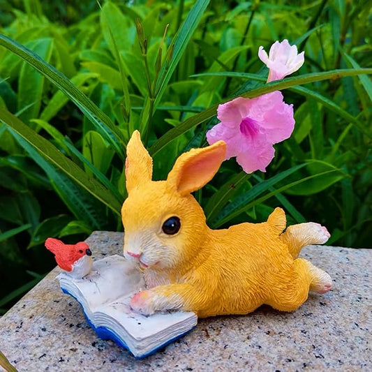 Cute Bunny Reading Book Statue Garden Decor, Resin Rabbit Figurine Sculpture Indoor Outdoor Easter Spring Decoration for Home Patio, Yard, Lawn, Porch Ornaments