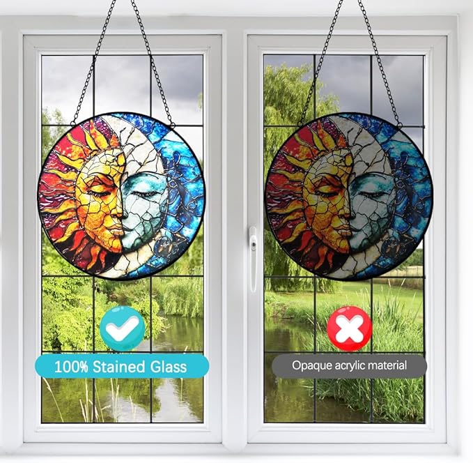 Sun and Moon Suncatcher Stained Glass Window Hanging - 8” Handmade Celestial Decor Suncatchers for Windows Hanging - Sun Catchers Indoor Window Wall Home Garden Decor Mothers Day for Mom Grandma Gift
