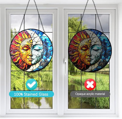 Sun and Moon Suncatcher Stained Glass Window Hanging - 8” Handmade Celestial Decor Suncatchers for Windows Hanging - Sun Catchers Indoor Window Wall Home Garden Decor Mothers Day for Mom Grandma Gift