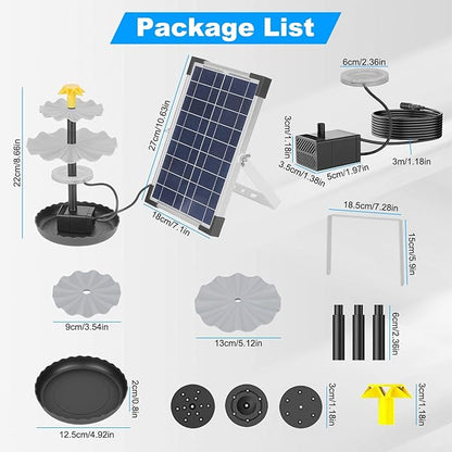 3-Tier Bird Bath Fountain Solar Powered LED Light Detachable Water Pump with 6W Solar Panel for Bird Bath, Courtyard, Outdoor, Garden Decoration