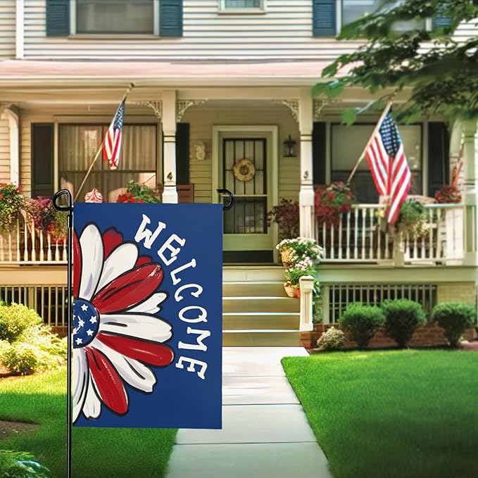 4th of July Garden Flag Patriotic Daisy Double Sided Yard Flag Burlap Welcome Independence Day House Banner Memorial Day Floral America Blue Garden Flags Outdoor Decoration 12x18 Inch