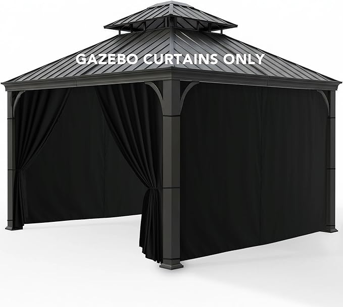 Gazebo Curtains Outdoor Waterproof - 10'Wx10'Lx7'H Weatherproof Patio Pergola Outside Curtains, Gazebo Universal Replacement Privacy Curtains, 4 Panels Sidewall Drapes with Zipper, Black