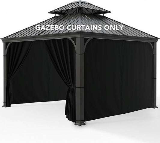 Gazebo Curtains Outdoor Waterproof - 10'Wx10'Lx7'H Weatherproof Patio Pergola Outside Curtains, Gazebo Universal Replacement Privacy Curtains, 4 Panels Sidewall Drapes with Zipper, Black