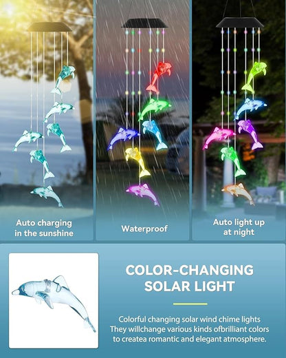 DOUBLEZHE Solar Wind Chime for Outside, Color Changing Dolphin Wind Chime Outdoor, Mom Gifts for Mothers Day Grandma Gift, Unique Garden Decor Colorful Patio Yard Party Decoration