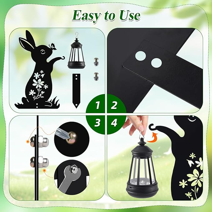 Bunny Solar Garden Stakes, Rabbit Silhouette Decorative with Solar Lantern, Metal Garden Easter Decoration for Yard,Lawn,Pathway