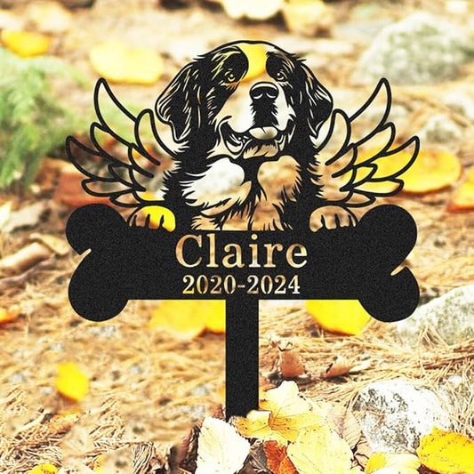 Personalized Pet Grave Marker St Bernard Burial Stake with Name & Date, Custom Outdoor Waterproof Metal Dog Grave Marker with Wings, Memorial Tombstone Garden Stake Yard Sign for Dogs