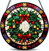 Stained Glass Window Hanging - Christmas Wreath Ornament 6.3 Inches Suncatcher for Garden Home Decor for Women Mon Grandma Friends