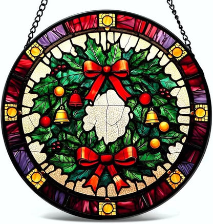 Stained Glass Window Hanging - Christmas Wreath Ornament 6.3 Inches Suncatcher for Garden Home Decor for Women Mon Grandma Friends