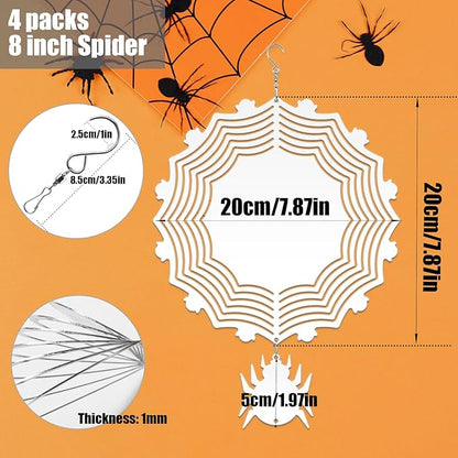 4Pack 8 inch Sublimation Wind Spinner Blanks 3D Aluminum Metal Wind Sculpture Kinetic Spinners for Yard and Garden Indoor Art Ornaments Hanging Decoration (Halloween Spider)