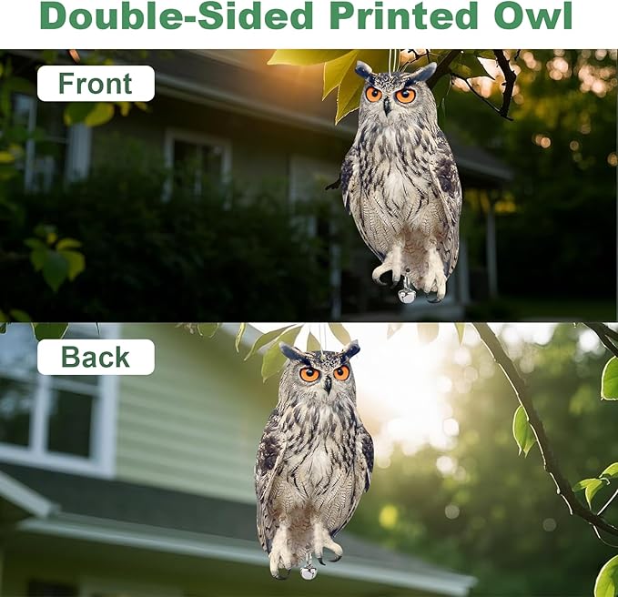 4PCS Hanging Effective Fake Owl Control Device Dual-Side Outdoors Owl with Reflective Tape for Patio Yard Outdoor Front Porch Backyard Windows