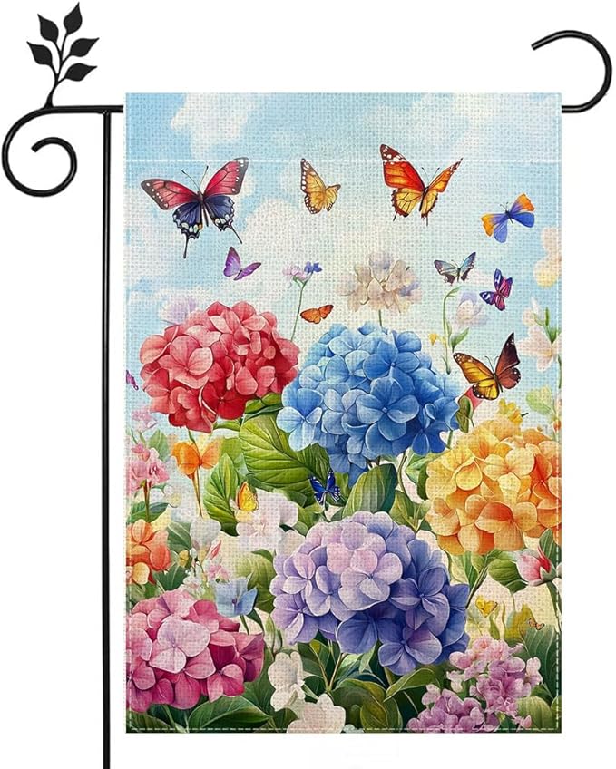 Hydrangea Garden Flag 12x18 Double Sided, Spring Summer Floral Welcome Yard Decor, Farmhouse Outdoor Flag for Lawn Patio Porch