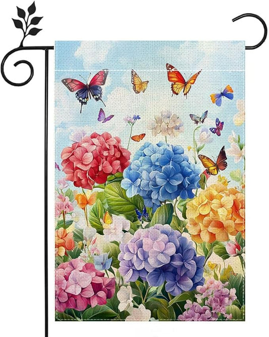 Hydrangea Garden Flag 12x18 Double Sided, Spring Summer Floral Welcome Yard Decor, Farmhouse Outdoor Flag for Lawn Patio Porch