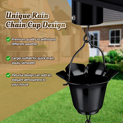 Tfro & Cile Gutter Rain Chain with Adapter Black Downspout Catcher Petunia Outside Water Diverter Decorative Garden Rain Cups Chime Home Decor - 8 1/2 Feet Long