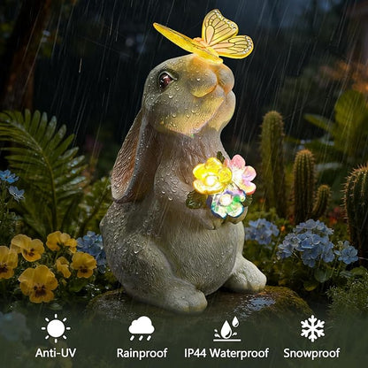 Solar Garden Statue Outdoor Decor, Rabbit Figurine with Butterfly LED Lights, Bunny Statue for Garden, Yard Decor, Lawn Ornament, Valentine's Day Birthday Gift for Women Mom Grandma