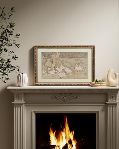 ARPEOTCY Vintage Gold Framed Large Wall Art, Farmhouse Nursery Duck Paintings, Canvas Prints with Antique Picture Frame, Cute Duck Illustration Victorian Wall Decor for Living Room 16x24 inch