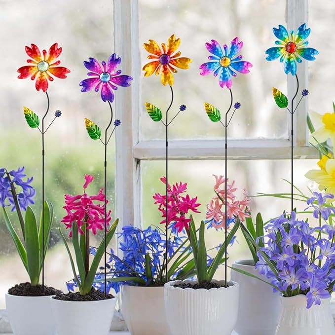 Garden Decor for Outside,5 Pcs Metal Flowers Garden Stakes Decorative Colorful Spring Yard Art Ornaments for Outdoor Lawn Porch Pathway