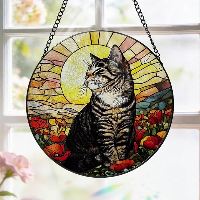 Stained Glass Window Hanging, 8 Inch Tabby Cat Suncatcher, Sun Catchers Indoor Window Ornaments, Suncatchers for Windows Hanging, Spring Home Garden Decor Panel Cat Lovers Gifts for Mom Grandma Wife