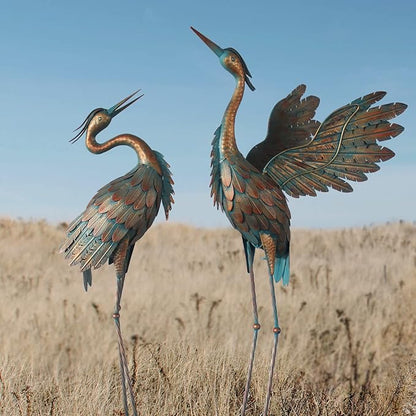Crane Statues for Garden Decor, Metal Crane Yard Art Statues, Standing Heron Garden Sculptures & Statues for Outdoor Decorations, 38-42 Inch Set of 2, Copper