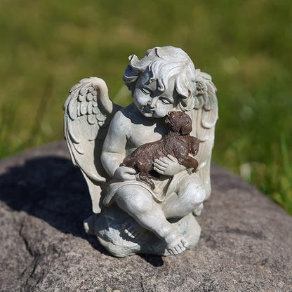 DUSVALLY Angel Sculpture with A Little Dog in Arms, Garden Resin Statue, Angel Figurine Tabletop Decor, Angel with Wings Statue for Indoor Outdoor