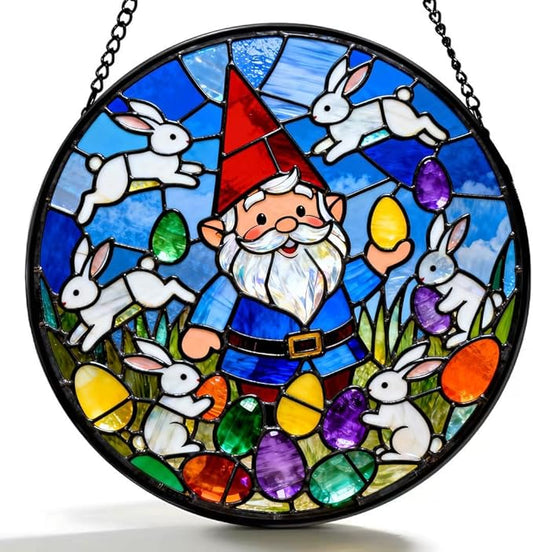 Funoasis Easter Bunny and Gnome Stained Glass Suncatcher - 6.3 Inches Window Hanging Ornaments for Spring Holiday Home Decoration
