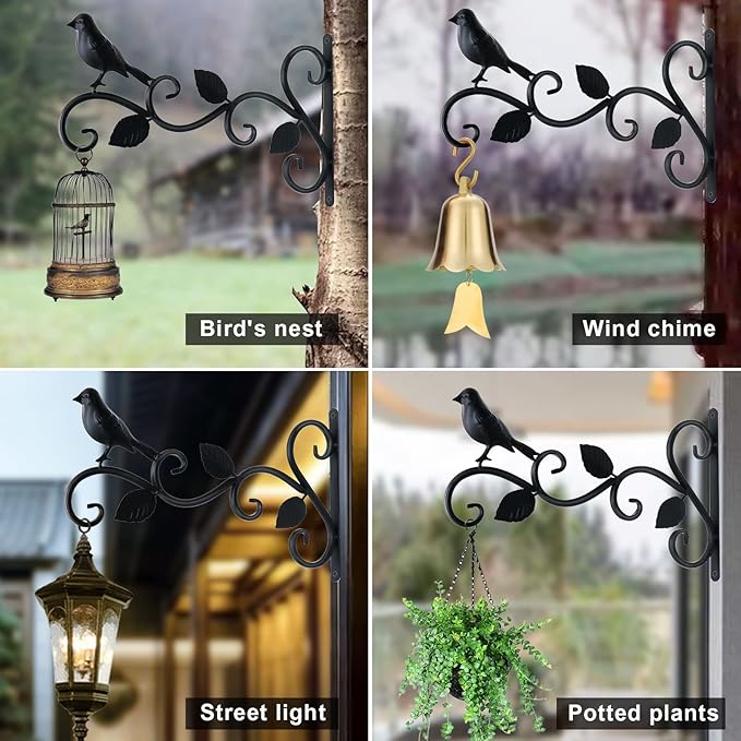 JIALAI HOME Hanging Plants Bracket 12" Bird Planter Outdoor Hooks Hangers for Flower Baskets Pot Bird Feeder Wind Chimes Lanterns Patio Garden Outdoor Indoor Metal Black, 2 Pack