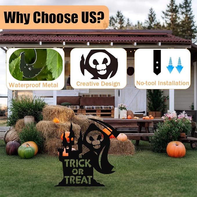 Grim Reaper Metal Yard Stake Decor - Black Skeleton with Scythe Silhouette for Gothic Haunted House Yard, Garden, or Porch, Weatherproof & Easy Setup Metal Decor Sign with "Trick or Treat" Cutout