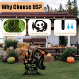 Grim Reaper Metal Yard Stake Decor - Black Skeleton with Scythe Silhouette for Gothic Haunted House Yard, Garden, or Porch, Weatherproof & Easy Setup Metal Decor Sign with "Trick or Treat" Cutout
