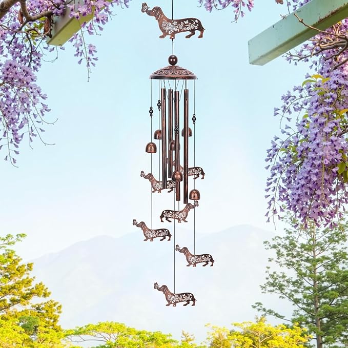 Dachshund Dog Wind Chimes for Outside, Metal Dog Windchimes for Women Men, Pet Memorial Wind Chime Birthday Gifts for Garden Decor Outdoor Memorial Housewarming Festival Gifts Front Yard Decor