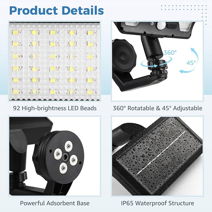 OMISTAR 2 Pcs Metal-gipping Outdoor Solar Lights, 92 LEDs Motion Sensor Solar Wall Lamps, IP65 Waterproof Balcony Patio Security Lights, Adjustable Wall-Mount Fence RV Lighting