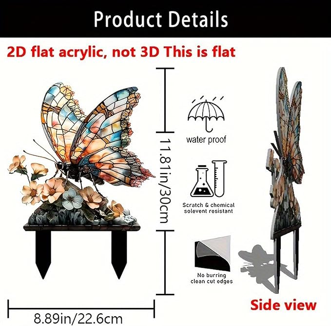 Garden Stake Decor, Acrylic 2D Flat Cute Animal Statue, Fairy Sculptures Ornament Indoor Outdoor Yard Lawn Pot Plant Decorative Accessories (Floral Butterfly)