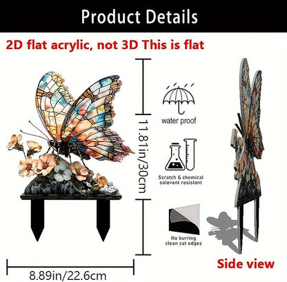 Garden Stake Decor, Acrylic 2D Flat Cute Animal Statue, Fairy Sculptures Ornament Indoor Outdoor Yard Lawn Pot Plant Decorative Accessories (Floral Butterfly)