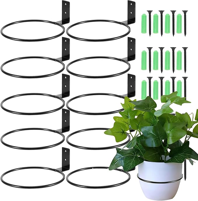 10 PCS 6 Inch Flower Pot Holder Ring, Wall Mounted Wall Plant Hanger, Collapsible Metal Wall Planter Holder for Indoor and Outdoor Plant Pots, Black