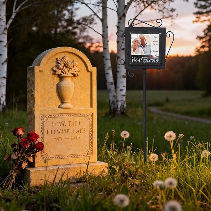 AQQHSAIN Memorial Garden Stake with Photo Stand Metal Pet Temporary Grave Marker Memorial Plaque for Loss of Loved One Cemetery Outdoor Lawn Yard Funeral Decorations