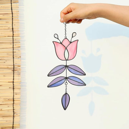 Pink Tulip Stained Glass Suncatcher, Folk Flower Stained Glass Window Hanging Sun Catcher, Healing Boho Decor, Handmade Flower Gifts for Indoor Window, 9.4" x 4.7"