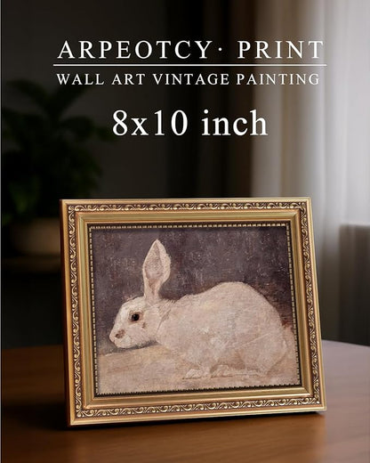 ARPEOTCY Vintage Gold Framed Wall Art, Easter White Rabbit Painting, 8x10 inch Small Canvas Picture Prints Artwork with Frame Aesthetic, Victorian Wall Decor for Living Room Bathroom Bedroom Shelf