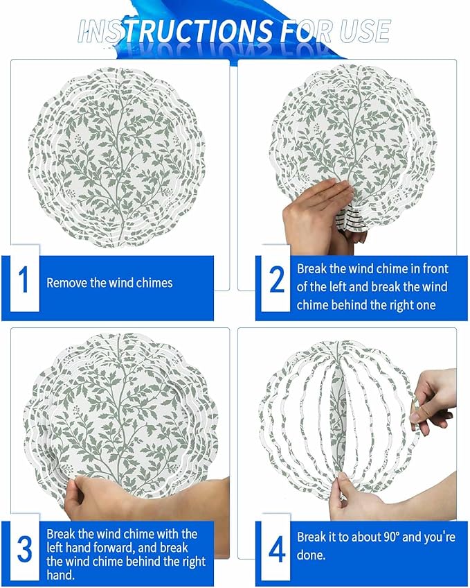 Stainless Steel Wind Spinner for Yard Garden Decoration, Pale Green Botanical Leaves Pattern Round Wind Sculpture Spinner 3D Crafts Hanging Ornaments for Indoor Outdoor, 8 Inch
