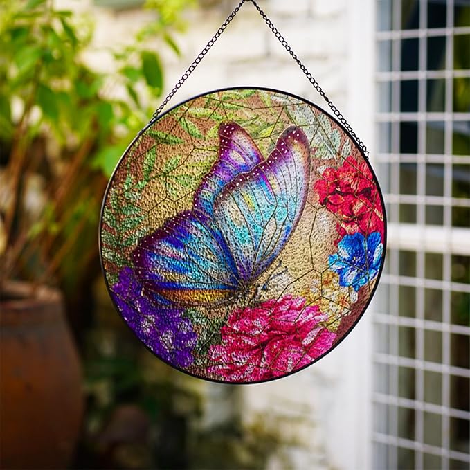 RIVEENY Stained Glass Butterfly Window Hanging, 10" Sun Catcher Gift for Women, Glass Ornament Window Decor for Garden Butterfly Lovers
