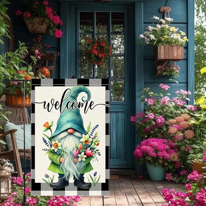 Welcome Spring Summer Gnome Garden Flag Colorful Floral Buffalo Plaid Garden Flags Small Burlap Lawn Seasonal Wildflowers Home Flags Outside Yard 12x18 Inch Double Sided