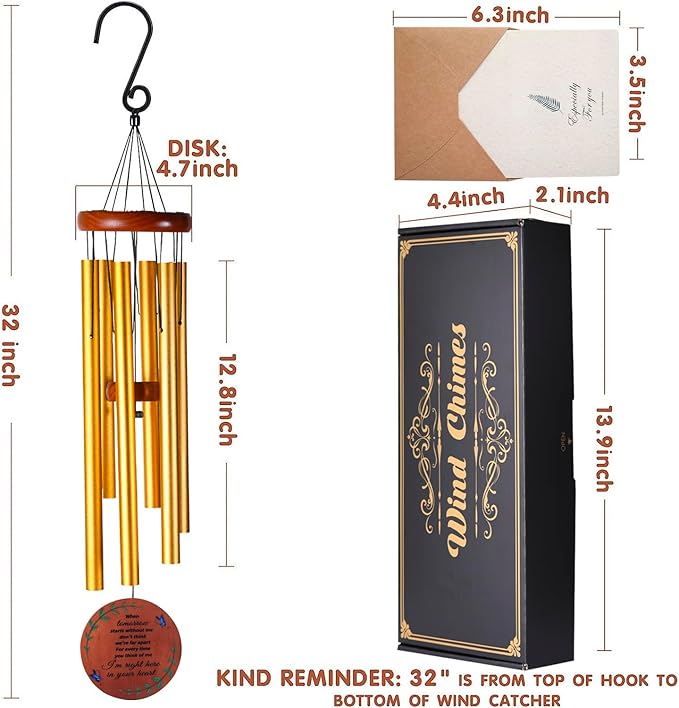 Memorial Wind Chimes for Outside – Sympathy Wind Chimes for Loss of Loved One, Bereavement Gifts for Loss of Dad, Mom, Baby, Brother, or Friend – Outdoor Remembrance Gift in Gold (Round Design)