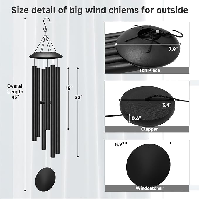 45" Large Wind Chimes for Outside, 6 Thick and Bold Aluminum Tubes Tuned Relaxing Melody Wind Chime Deep Tone, Big Wind Chimes for Garden Patio Decor, Great Gift Idea for Mother's Day (Black)