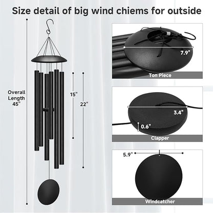 45" Large Wind Chimes for Outside, 6 Thick and Bold Aluminum Tubes Tuned Relaxing Melody Wind Chime Deep Tone, Big Wind Chimes for Garden Patio Decor, Great Gift Idea for Mother's Day (Black)