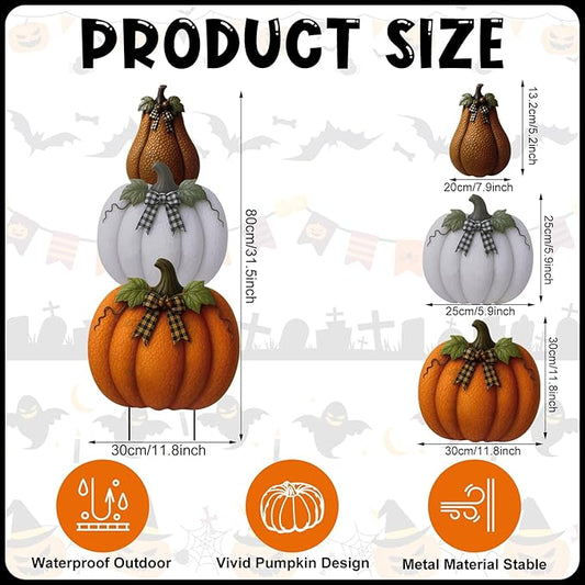 3 Pcs Thanksgiving Metal Stacked Pumpkin Garden Stakes Outdoor 3D Retro Pumpkin Decoration Fall Yard Stakes Lawn Signs Decorative for Autumn Harvest Holiday Pathway Patio Decor