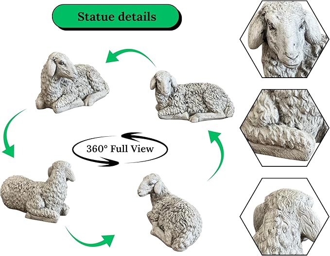 Lamb Laying Statue Concrete Sheep Outdoor Sculpture Painted Figure Farm Animal Figurine Cement Yard Decoration Lawn or Patio Stone Ornament Farmhouse Art