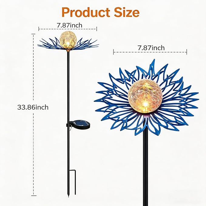 Solar Lights Outdoor Garden Decor, Metal Flower Crackle Glass Globe Solar Stake Lights, Waterproof LED Yard Decorations for Patio, Lawn, Pathway, Landscape Gifts for Women Mom(Blue)